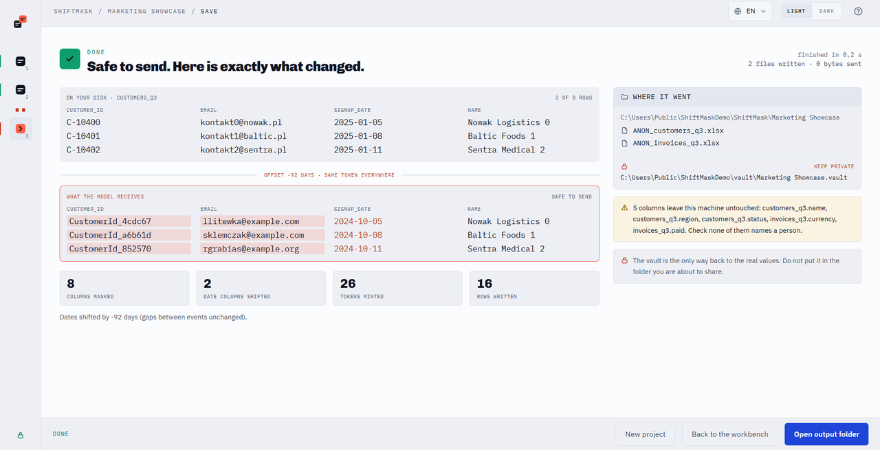 ShiftMask Build step: original data and the masked copy shown side by side before anything is sent to a model