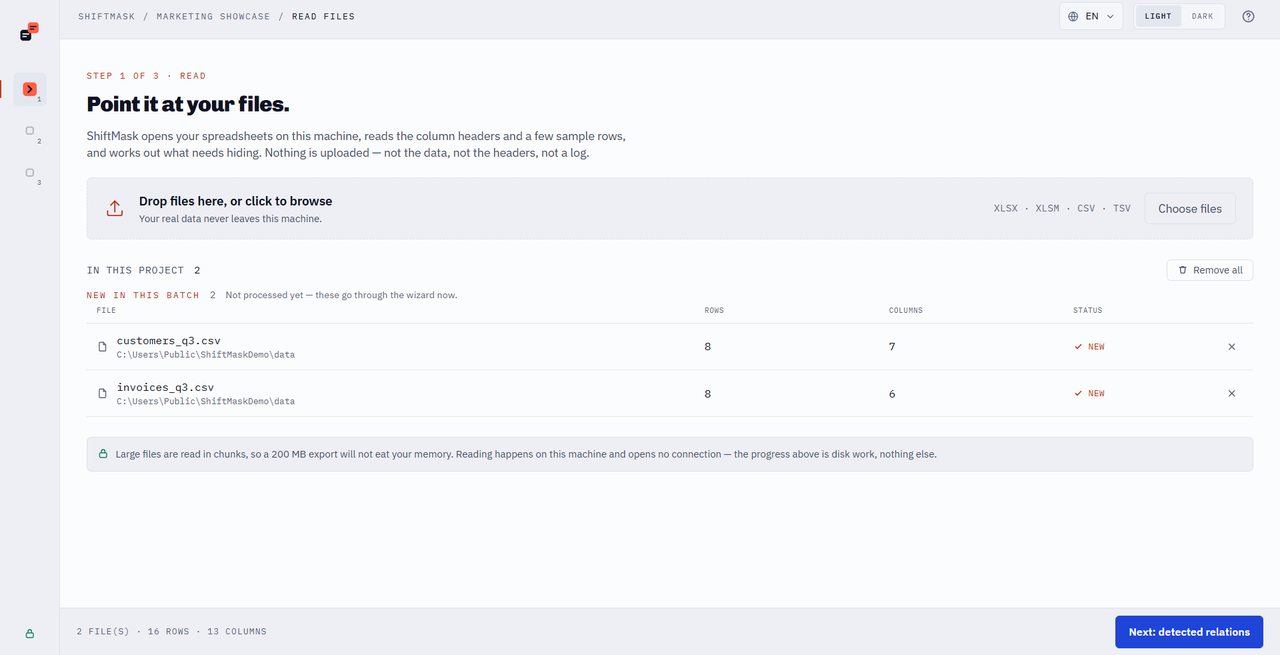ShiftMask Read step: drop zone for Excel or CSV files, with files already added and read on this machine